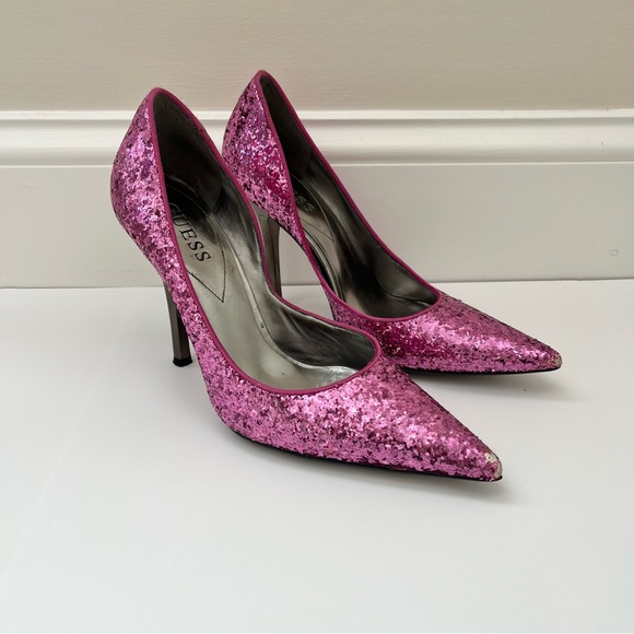 Guess Glitter Sparkle Carrie Stiletto High Heels Pink Sz 8 - Picture 1 of 10
